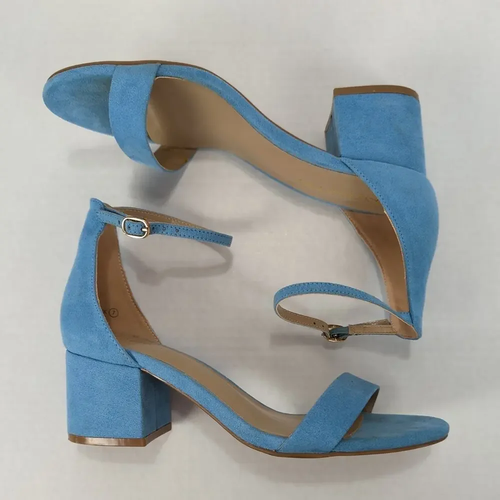 Dream Pairs Blue Strappy Block Heel Sandals Ankle Strap Buckle Open Toe Womens 7